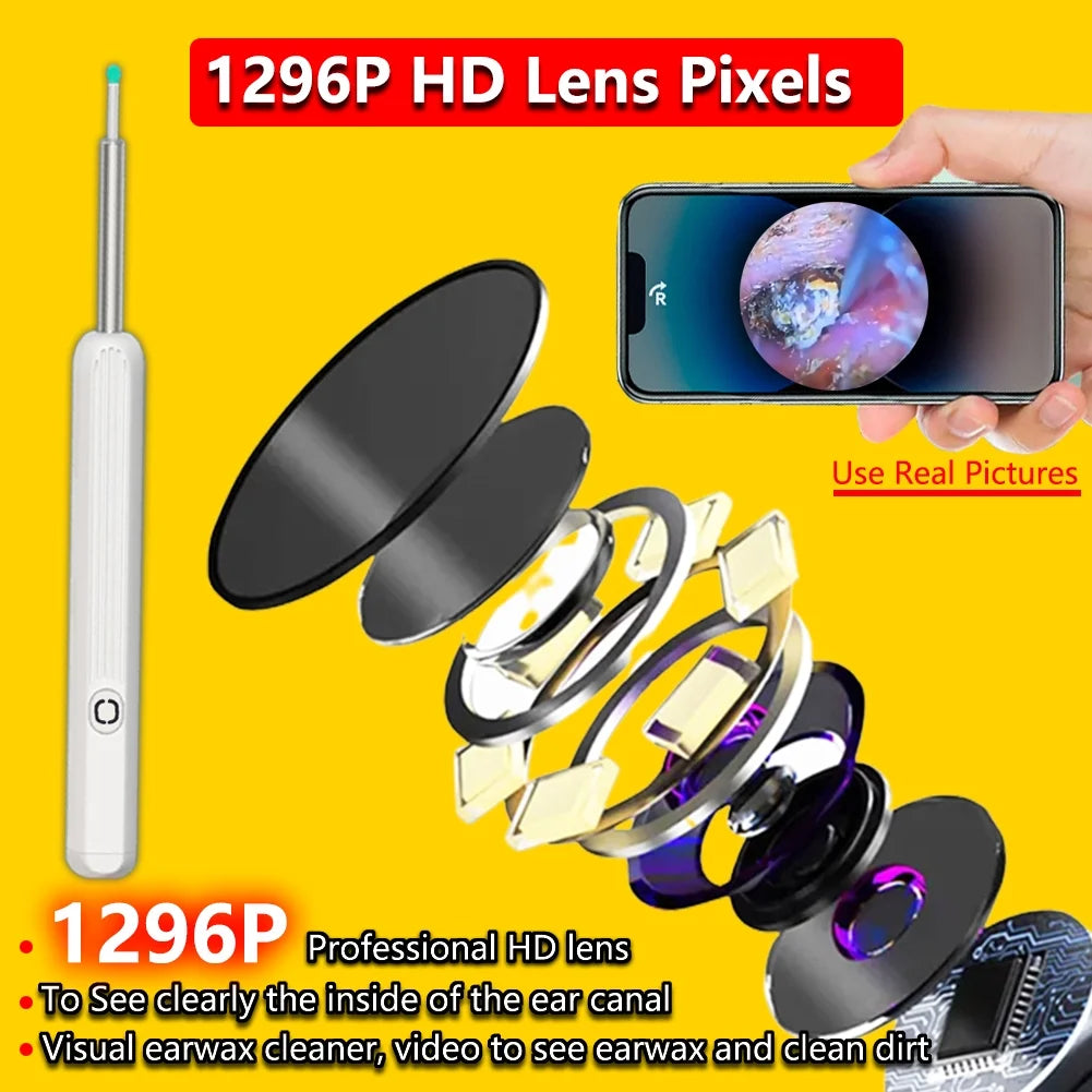 Ear Cleaner with 10 Pieces Earpicks, Ear Wax Removal Tool, 1296P HD Smart Visual Earwax Remove Kits 4 Ear Tips Replacement and 6 LED Lights (White)