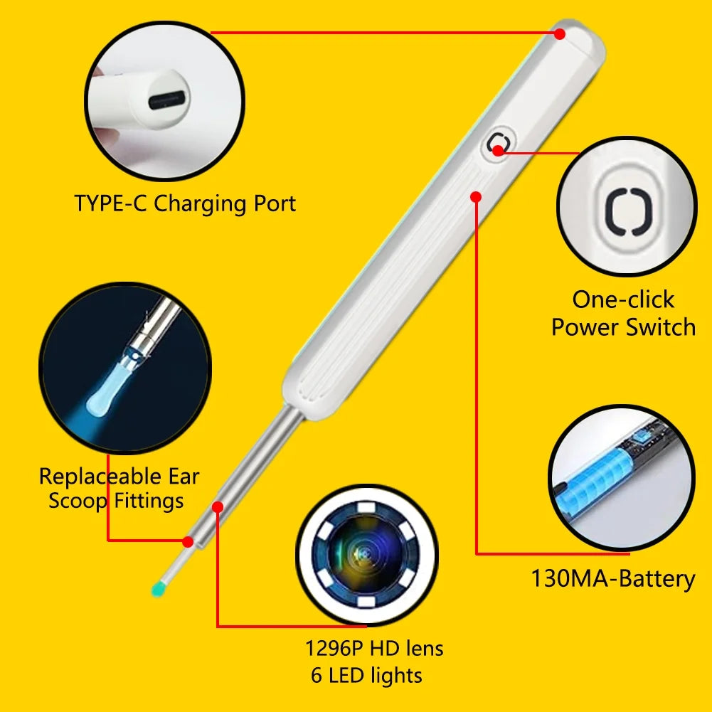 Ear Cleaner with 10 Pieces Earpicks, Ear Wax Removal Tool, 1296P HD Smart Visual Earwax Remove Kits 4 Ear Tips Replacement and 6 LED Lights (White)