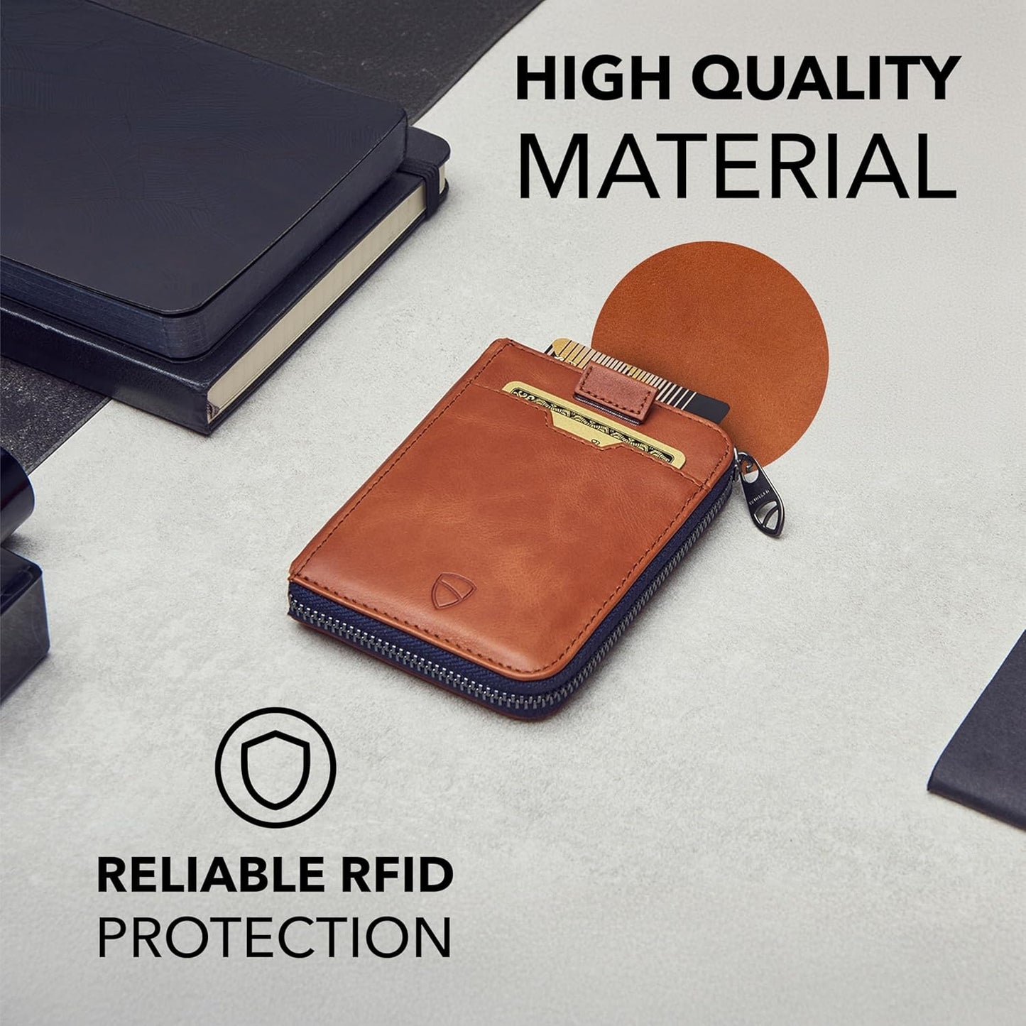 NOTTING HILL Minimalist Leather Zipper Wallet for Women and Men: Slim Multi Cardholder with RFID Blocking and Keychain Ring