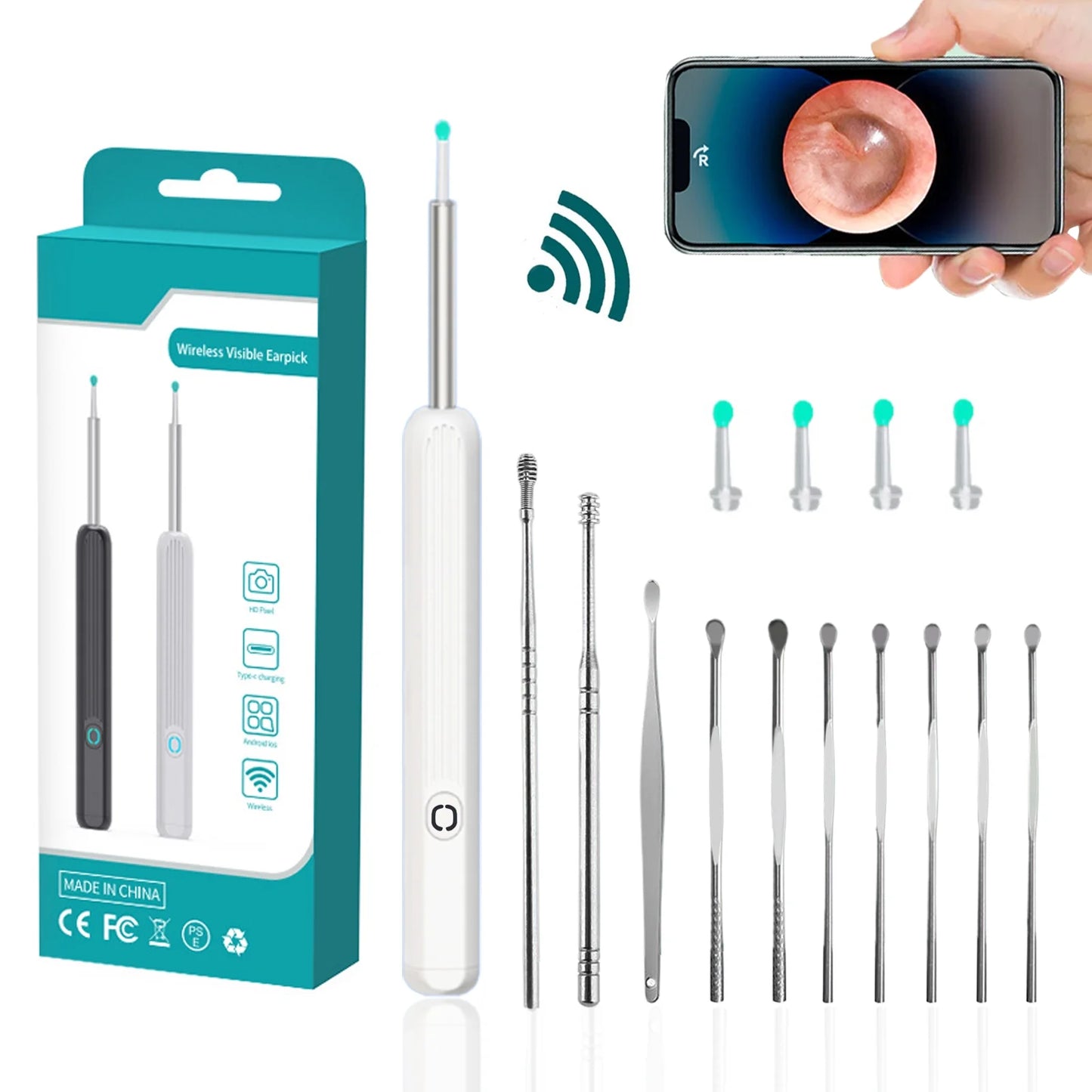 Ear Cleaner with 10 Pieces Earpicks, Ear Wax Removal Tool, 1296P HD Smart Visual Earwax Remove Kits 4 Ear Tips Replacement and 6 LED Lights (White)