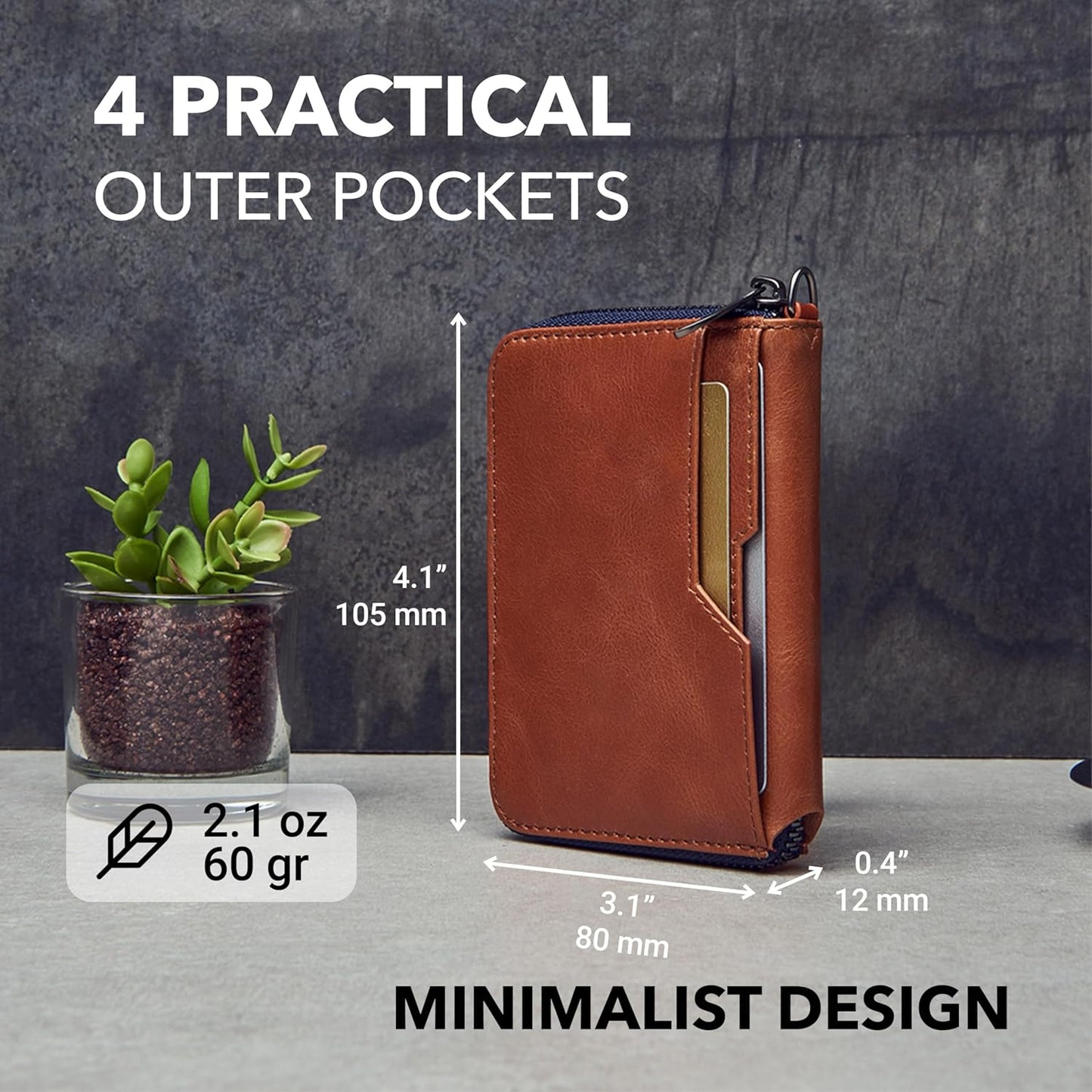 NOTTING HILL Minimalist Leather Zipper Wallet for Women and Men: Slim Multi Cardholder with RFID Blocking and Keychain Ring