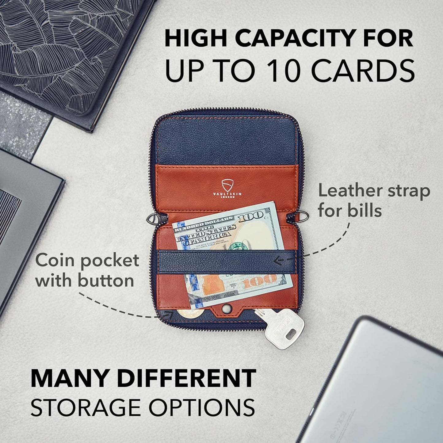 NOTTING HILL Minimalist Leather Zipper Wallet for Women and Men: Slim Multi Cardholder with RFID Blocking and Keychain Ring